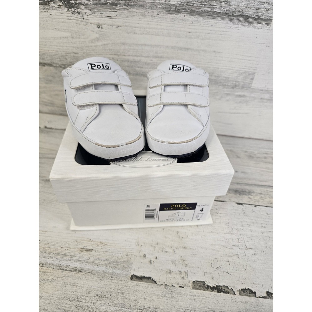 Polo Ralph Lauren Heritage Court II EZ White Navy Baby Crib Shoes Size 4
